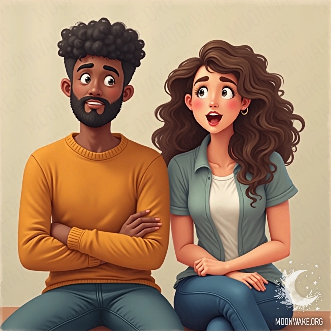 A couple with different personality types and temperaments, sitting together with contrasting expressions