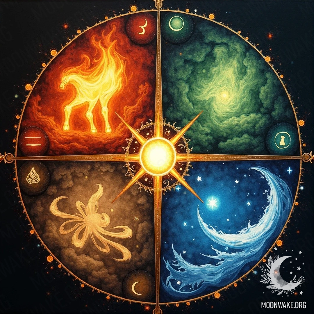 The four elements interact with the zodiac signs in a mystical atmosphere